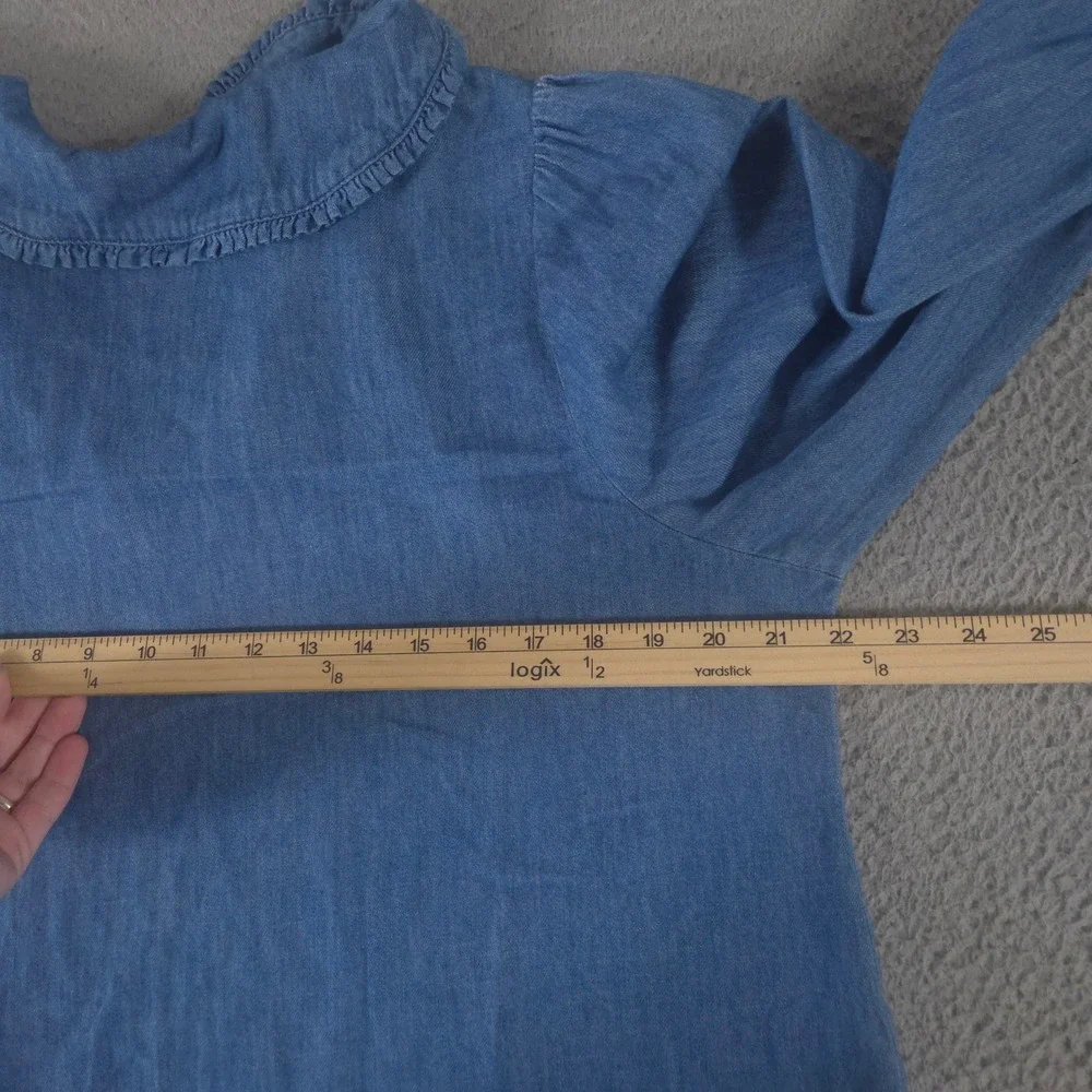Old Navy Top Womens Medium Blue Ruffle-Collar Chambray Cotton Puff Sleeve Tie